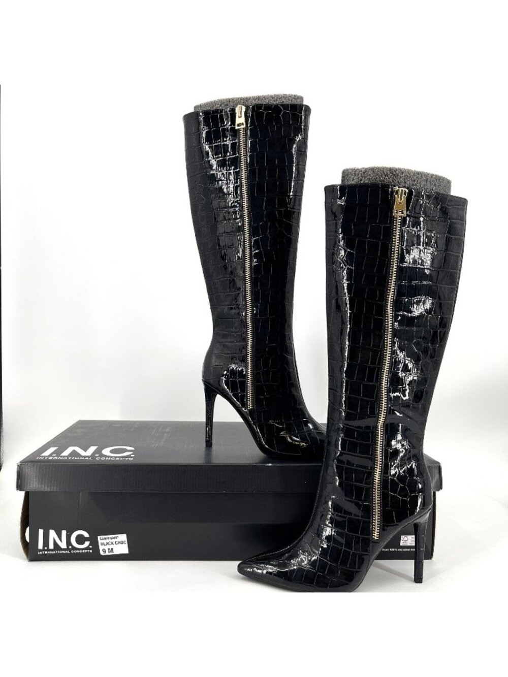INC Sabrinaa Knee High Boots Black Croc Size 9M Faux Leather Pointed Toe Heel